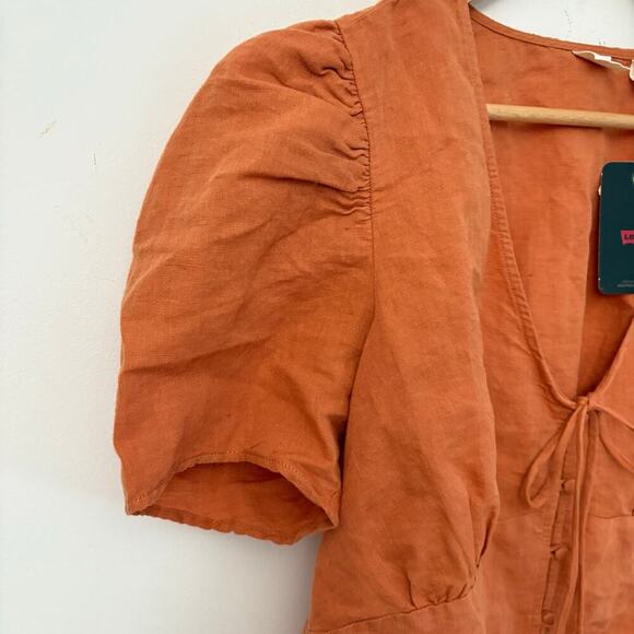 Levi’s Linen Cotton Puff Sleeve Blouse Sz L Rust Burnt Orange Button Front Top - Picture 5 of 10